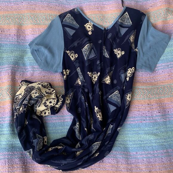 ELAINE SEINFELD BLOSSOM Blue Navy 90s Maxi Dress Geo Floral Print - Picture 8 of 8